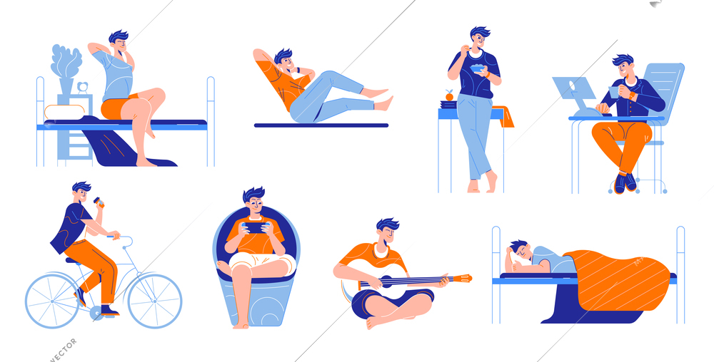 Man daily routine set of isolated icons with male human characters during working and leisure activities vector illustration