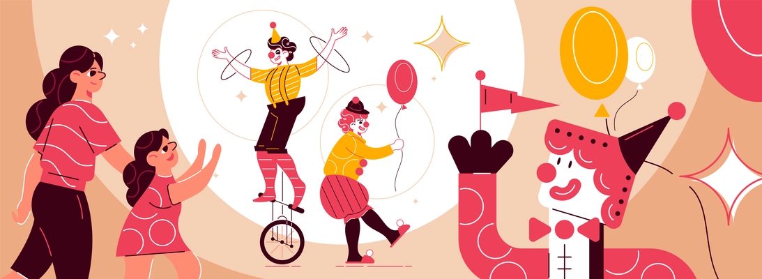 Circus funfair composition with characters of mother and daughter visiting festival with balloons and clowns equilibrists  vector illustration