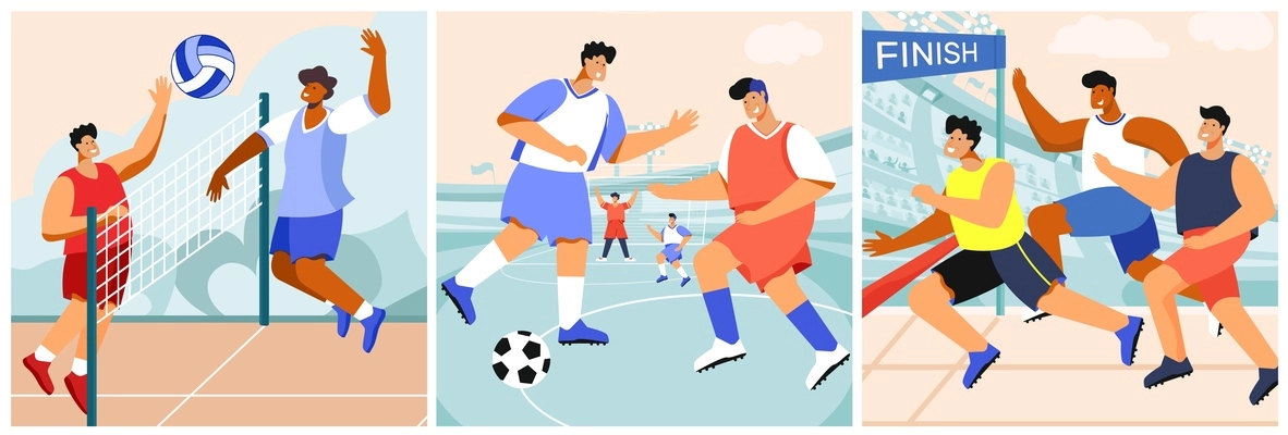 Sports stadium set of square compositions with outdoor landscapes and flat athlete characters in team uniform vector illustration