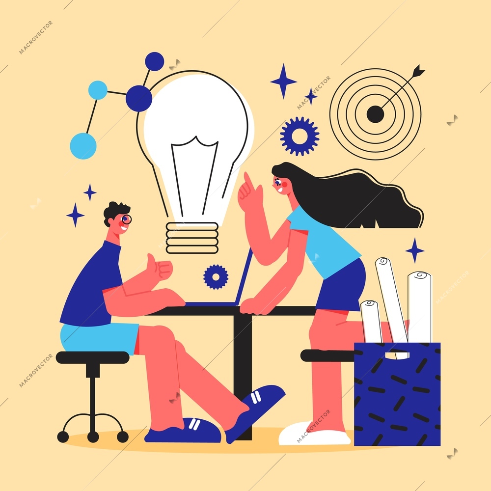 Brainstorm line style colored poster with young creative man and woman exchanging science ideas cartoon vector illustration