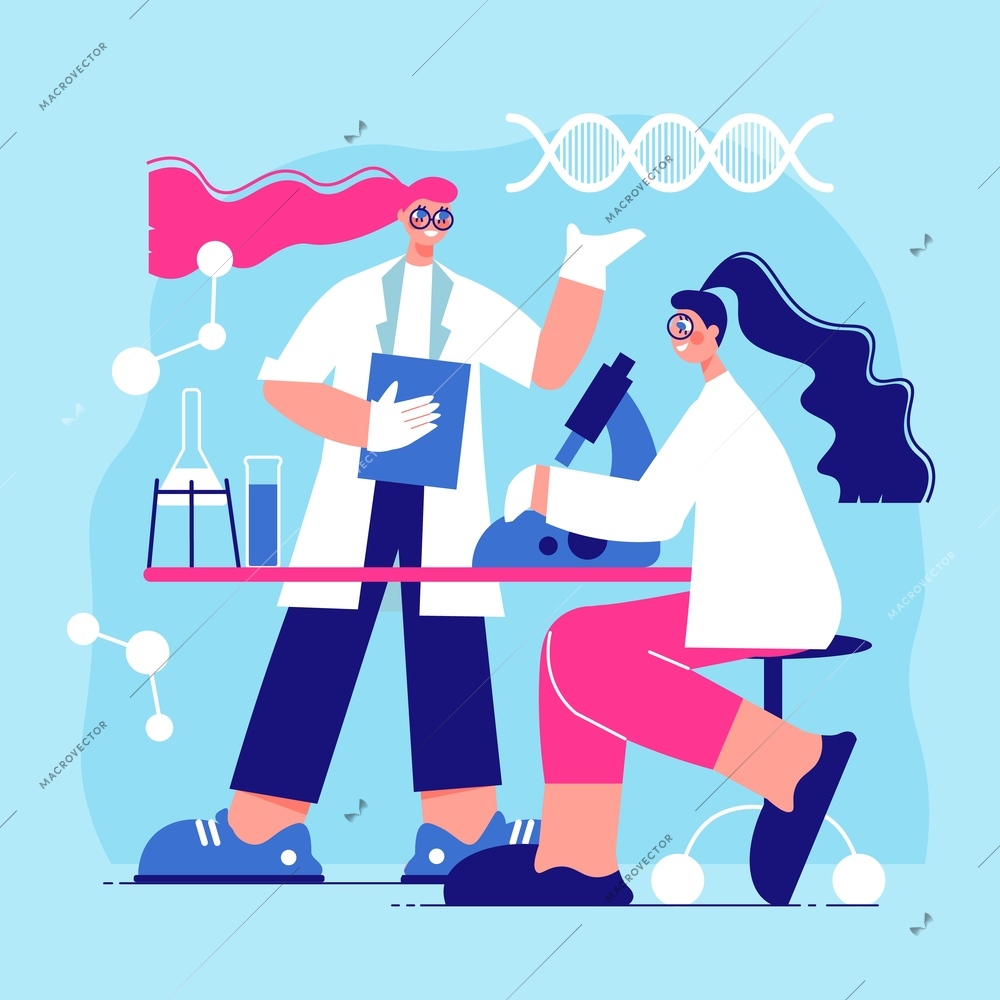 Science laboratory flat background with male and female cartoon characters at their workplace vector illustration