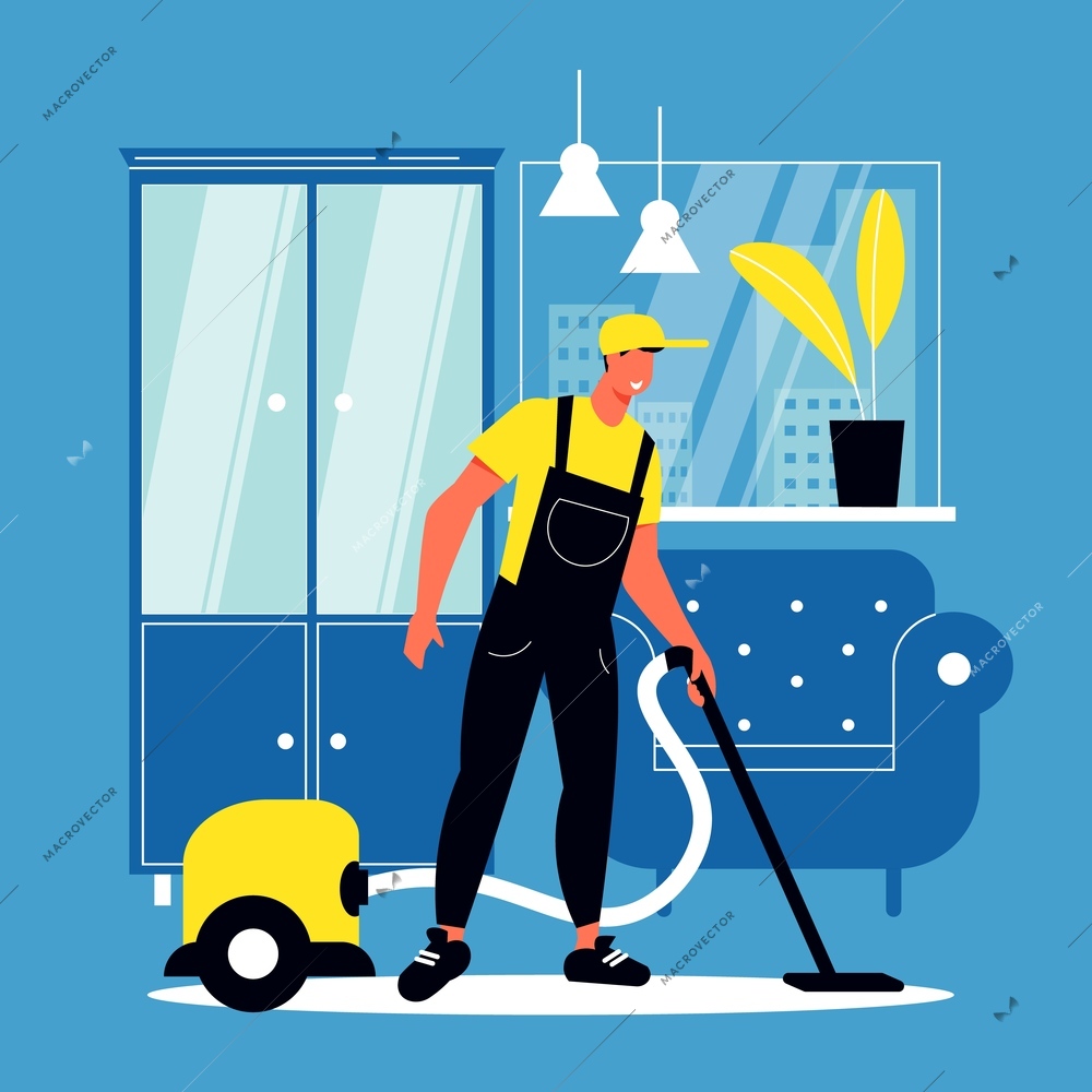 Cleaning flat poster with male employee of cleaning company in uniform working with vacuum cleaner in living room vector  illustration