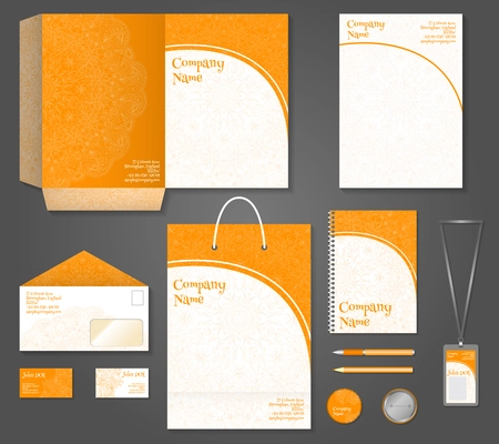 Orange ornamental business company stationery template for corporate identity set isolated vector illustration