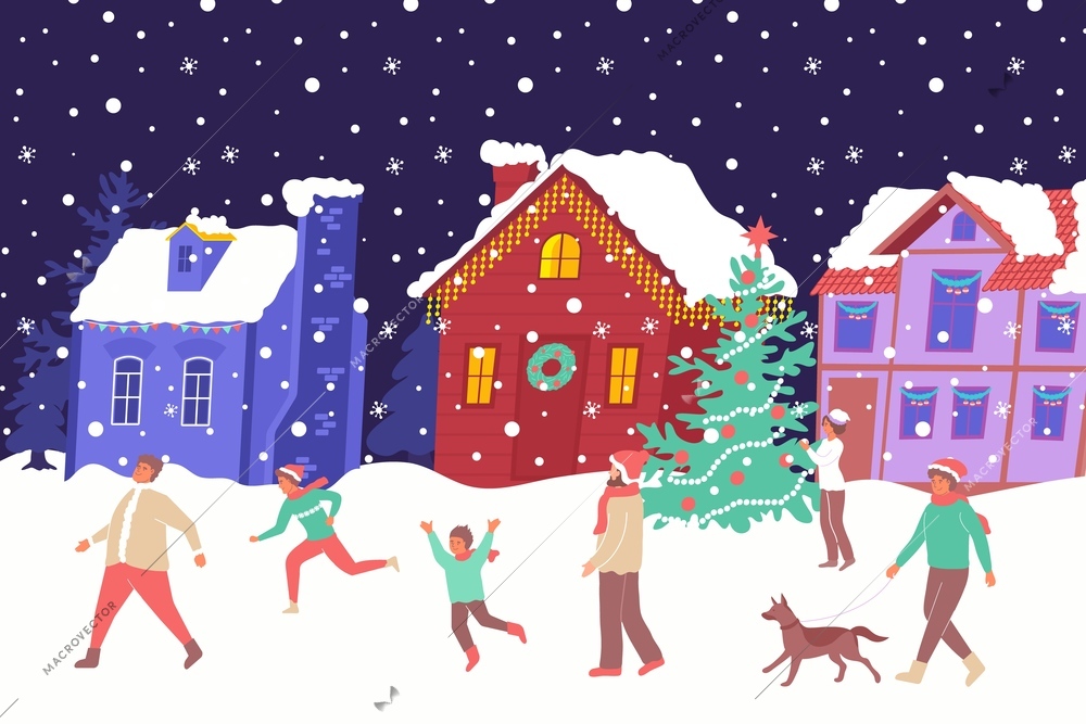 Christmas house lights flat composition with outdoor landscape with falling snow and row of colorful houses vector illustration