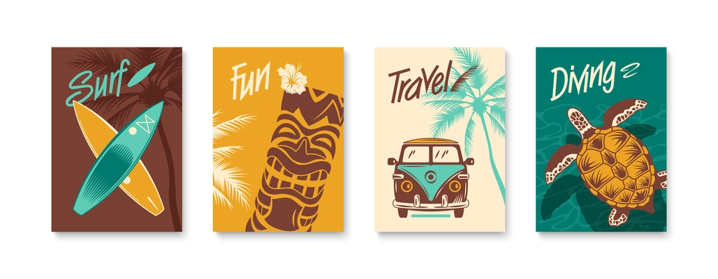 Summer vacation color poster set with surfboards travel bus tropical underwater animals hand drawn vector illustration