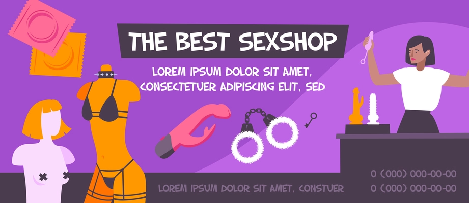 Sex shop banner with editable advertising text and images of various sex toys and store manager vector illustration