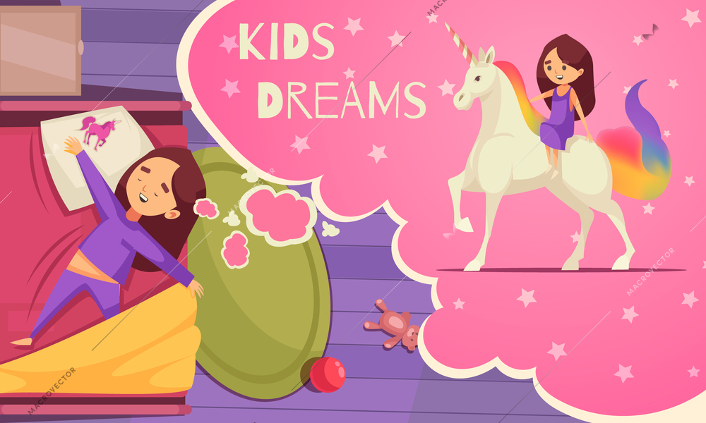 Children dreaming unicorn composition with text thought bubble and sleeping girl riding unicorn in her dreams vector illustration