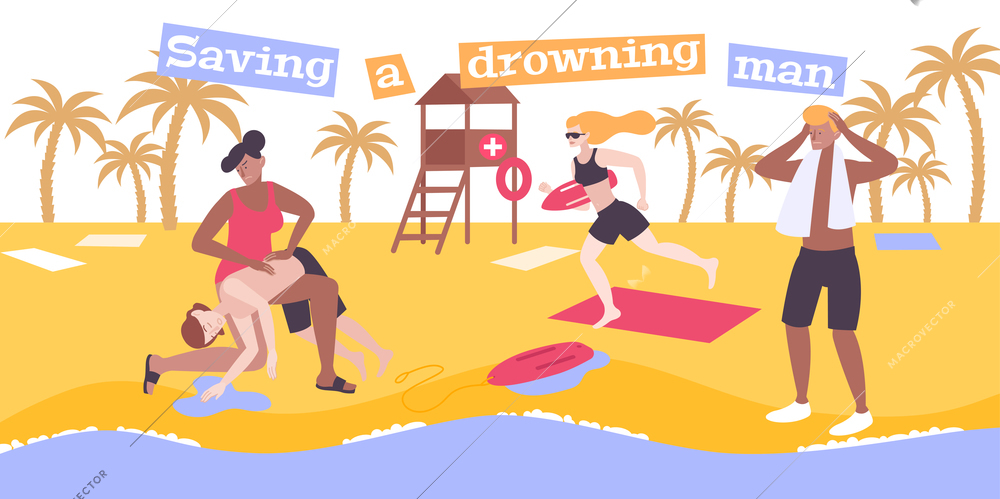 First aid drowning flat composition with text and view of beach with people resuscitating pulled person vector illustration