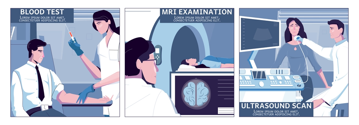 Medical examination set of three square compositions with editable text and flat human characters with equipment vector illustration