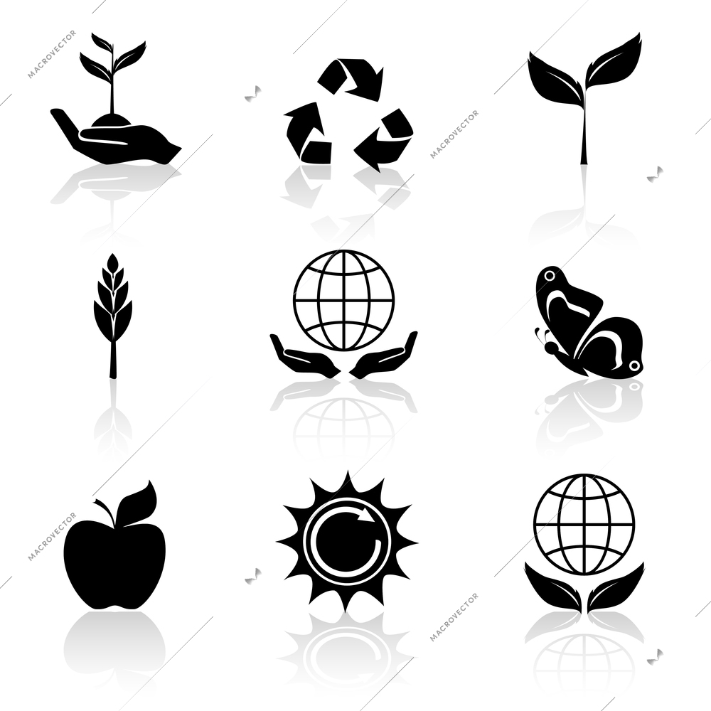 Ecology environmental recycling black icons set isolated vector illustration