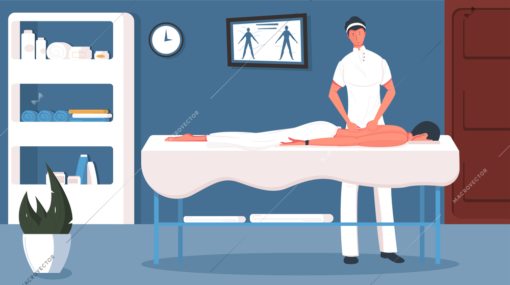 Massage man composition with cosmetic salon room scenery and human characters of male patient and physician vector illustration