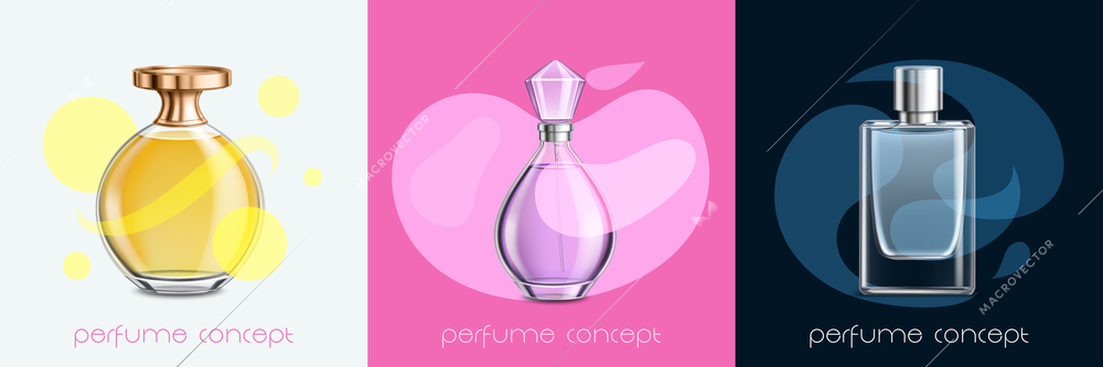 Realistic design concept with three perfume bottles of different shape on colorful background isolated vector illustration