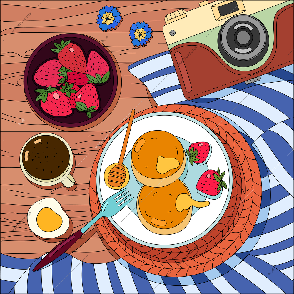 Coloring breakfast top view background with cup of coffee and plate with cheesecakes on wooden table vector illustration