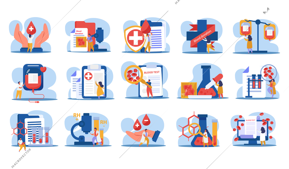 Blood donation set with blood test and expertise symbols flat isolated vector illustration