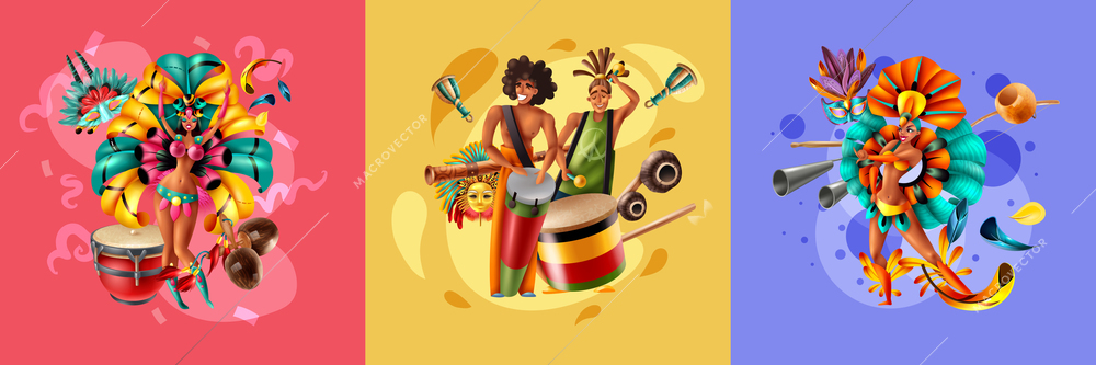 Realistic design concept with dressed up musicians and dancers of brazil carnival isolated on colorful background vector illustration