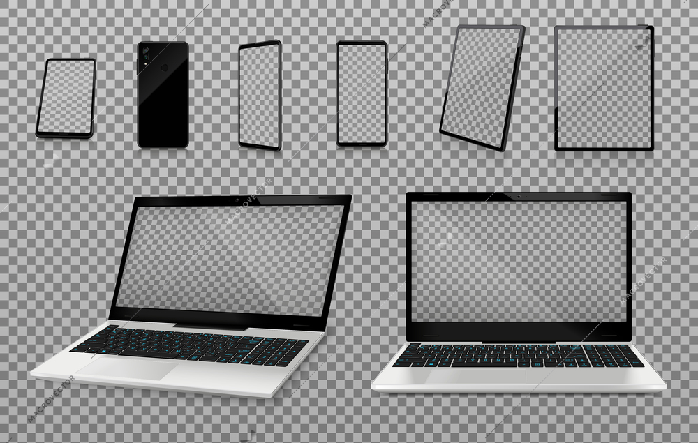 Laptop and smartphone mockups with transparent screens realistic set on transparent background isolated vector illustration