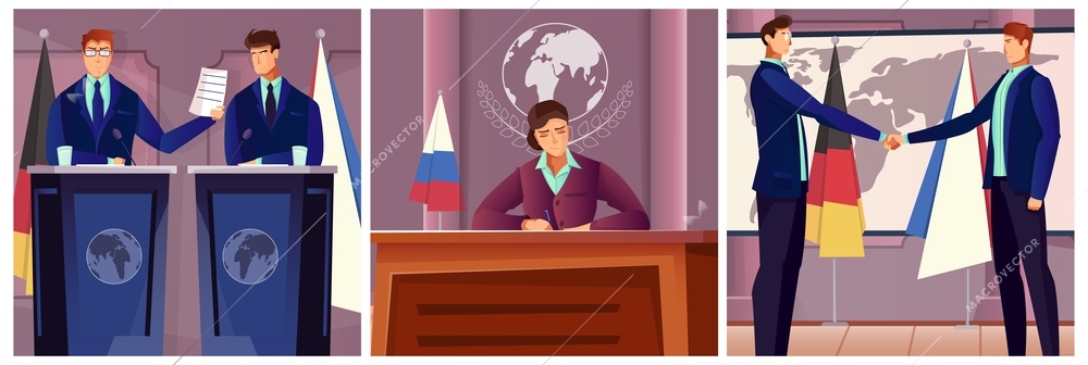 Diplomacy and politics set with negotiation symbols flat isolated vector illustration