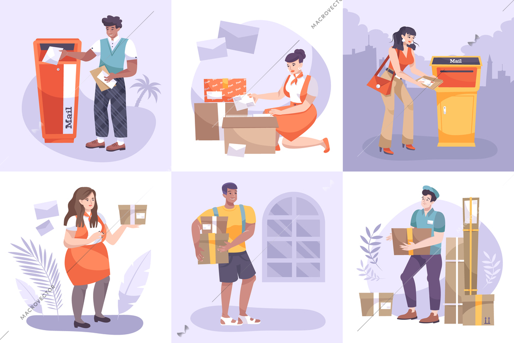 Post office design concept with set of flat compositions with postal workers holding parcels and letters vector illustration