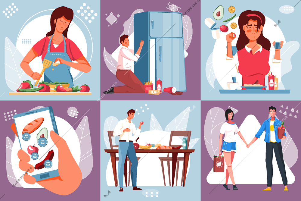 Nutrition design concept with square compositions of cooking and eating people with food ingredients and fridge vector illustration