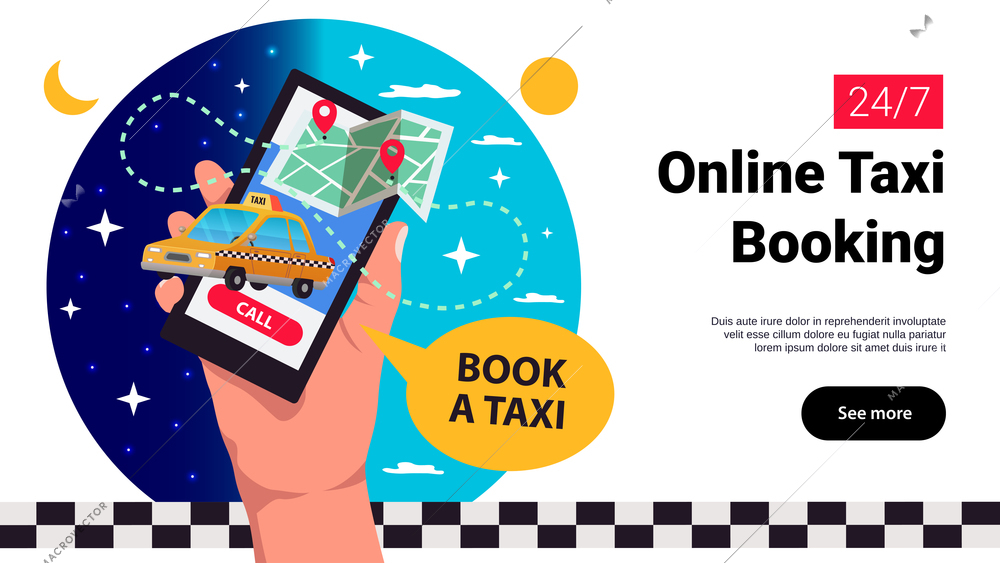 Online taxi booking using mobile devices app web page with hands holding smartphone horizontal banner vector illustration