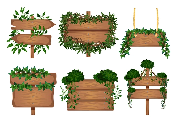 Set of tropical lianas wooden boards icons with isolated images of signboards wrapped by vine leaves vector illustration