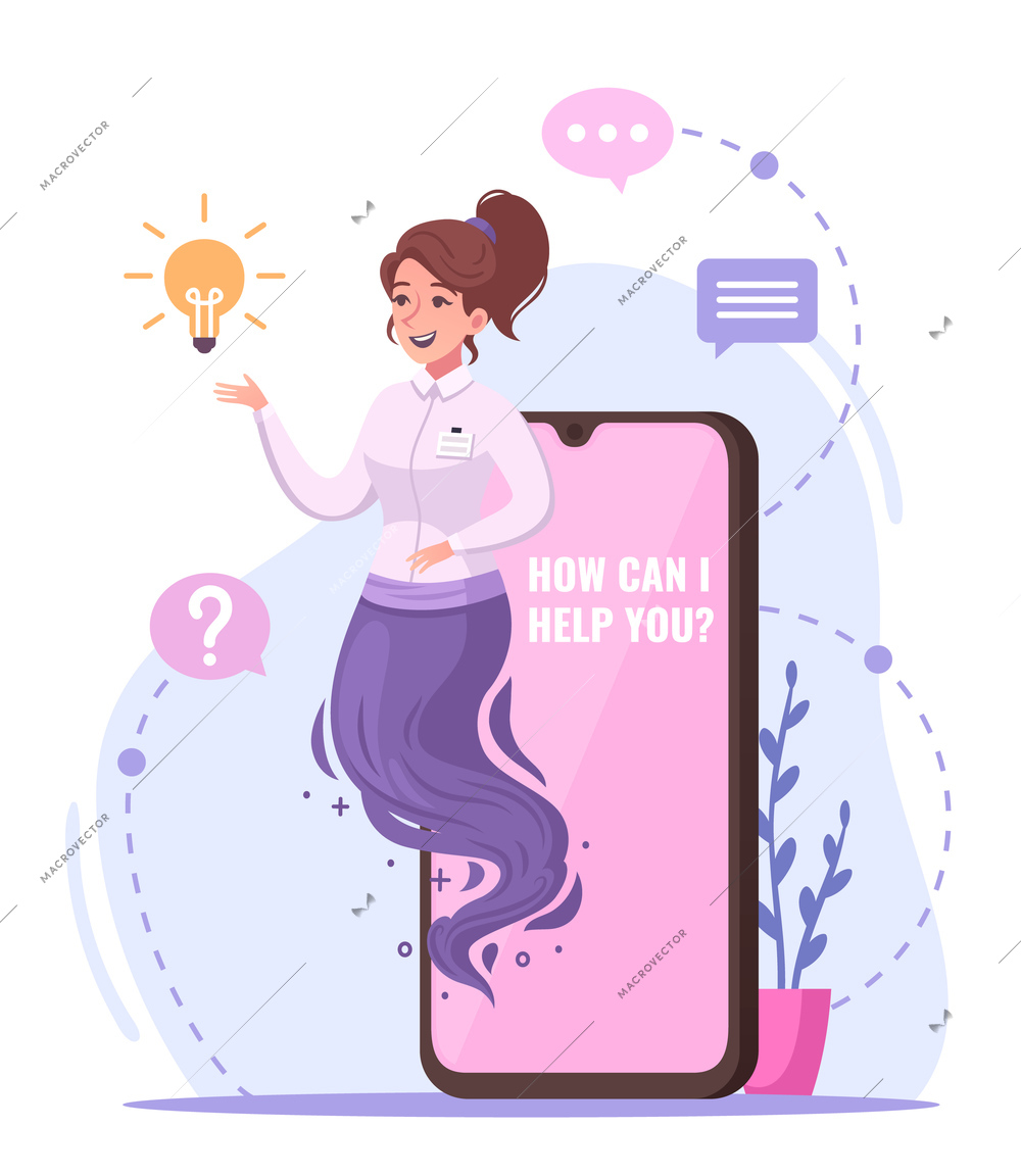 Modern genie character concept with cellphone assistance symbols cartoon vector illustration