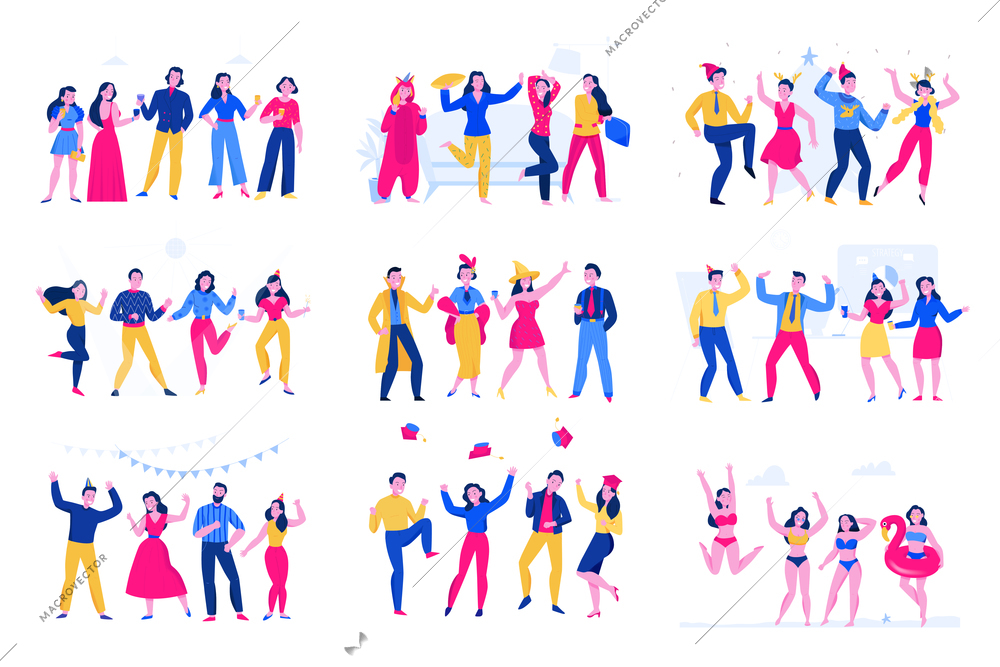 Flat set with men and women wearing evening gowns costumes swimsuits pyjamas dancing at party isolated vector illustration