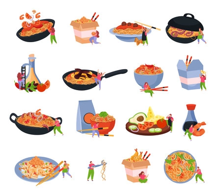 Wok box set of isolated icons with served noodles on frying pan plate packed in box vector illustration