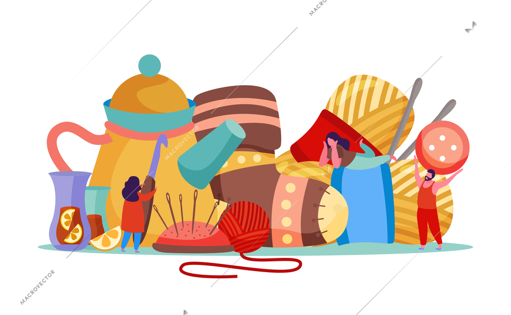 Knitting flat composition with images of knitwear with needles and buttons held by small human characters vector illustration