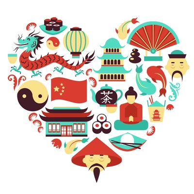 China travel asian traditional culture symbols in heart shape vector illustration