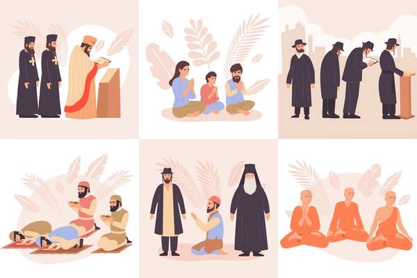World religions composition flat icon set with praying buddhists christians jews and muslims vector illustration