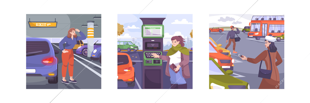 Parking set of flat compositions with outdoor and indoor views of parking lots cars and people vector illustration