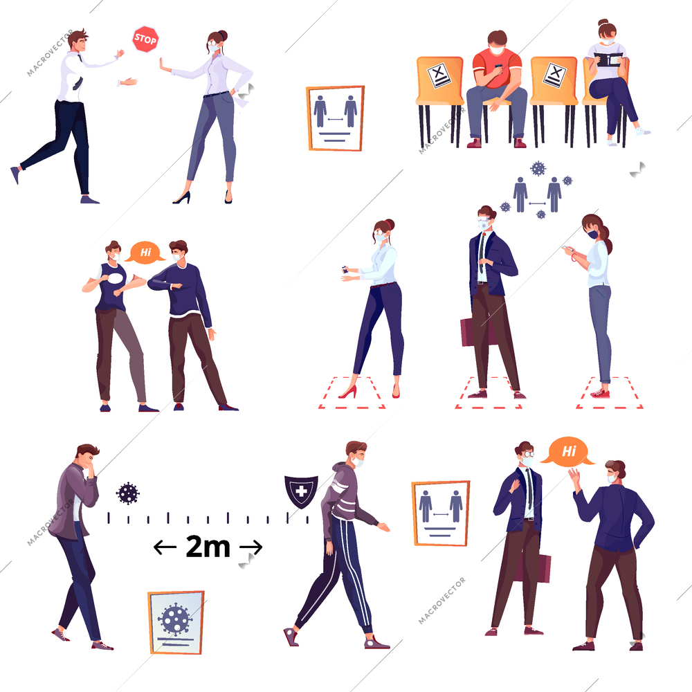 Social distance set with flat isolated icons stop signs arrows and characters of friends and coworkers vector illustration