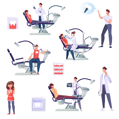 Dentistry set of flat isolated icons and characters of dentists at work with patients and supplies vector illustration