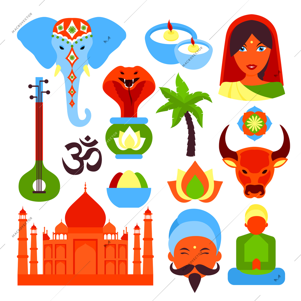 India travel culture religion symbols set isolated vector illustration