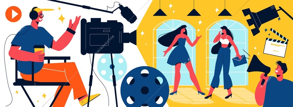 Cinema composition with view of film set with actresses and production crew with camera lighting equipment vector illustration