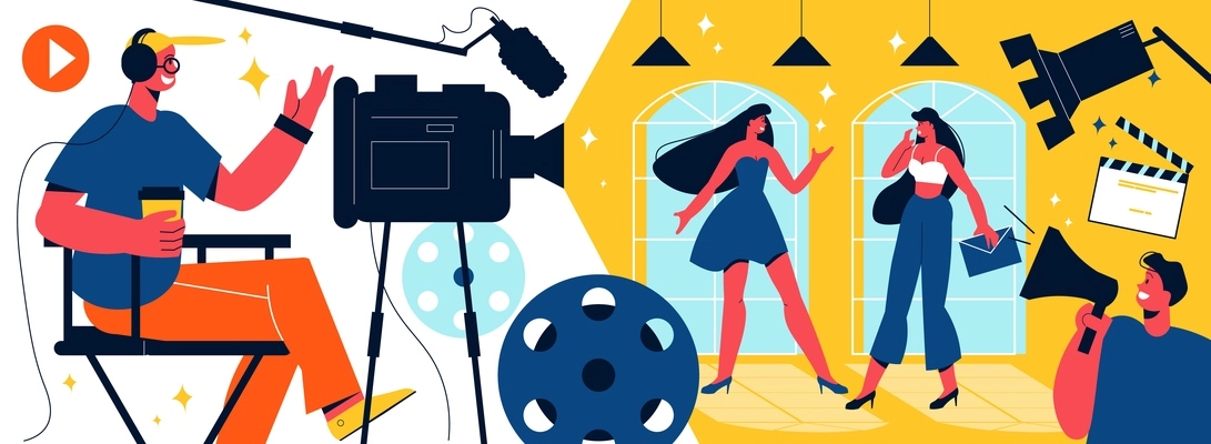 Cinema composition with view of film set with actresses and production crew with camera lighting equipment vector illustration