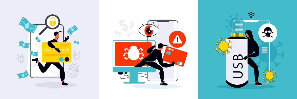 Flat design concept with hacker hacked computer usb credit card isolated vector illustration