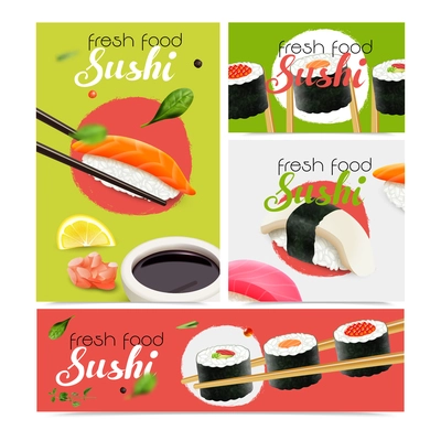 Realistic fresh sushi banners set with seafood symbols isolated vector illustration