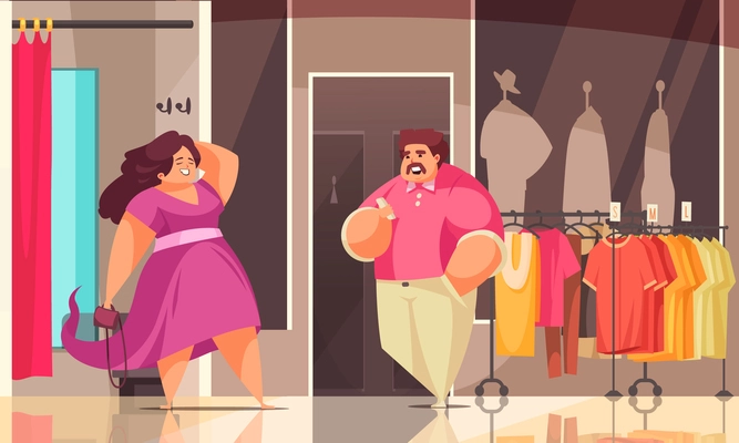 Body positive shopping composition two in a plus size store and she looks great in new clothes vector illustration