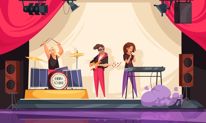 Bar live music restaurant composition rock concert with three members vector illustration