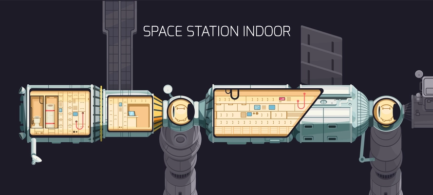Orbital international space station indoor composition and you can look at the station premises from the inside vector illustration