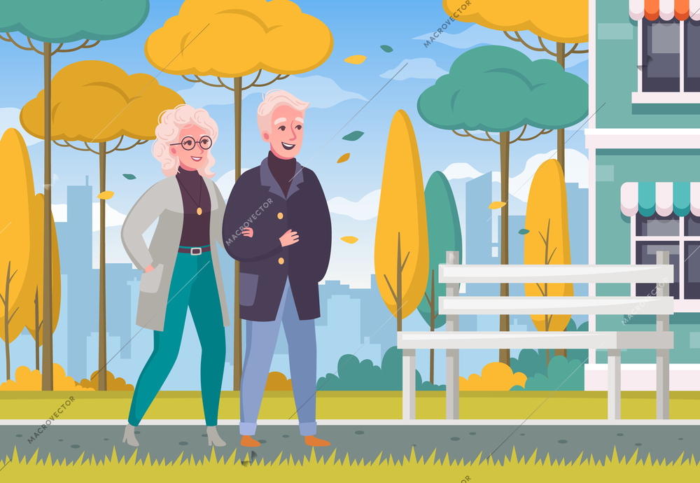 Elderly senior couple walking hand in hand  outdoor cartoon composition autumn weather city background vector illustration