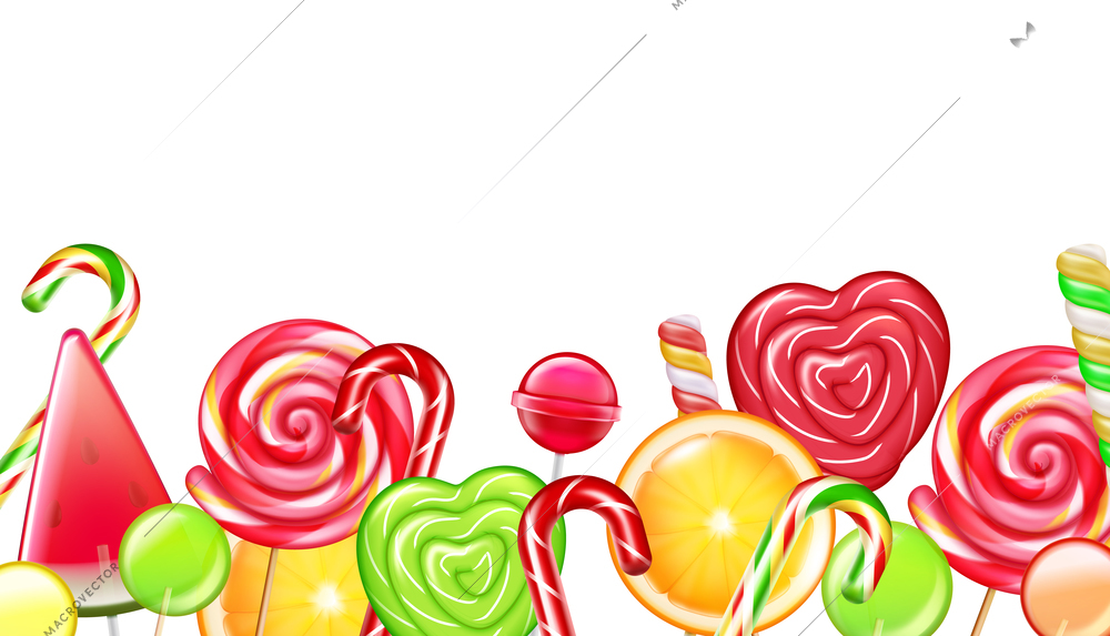 Candies citrus wheels spiral caramel flowers canes lollipops realistic seamless border composition white background vector illustration