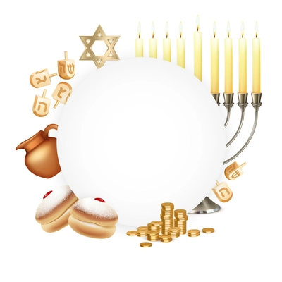 Hanukkah celebration symbols attributes realistic circular composition with six pointed david star menora candelabrum moon vector illustration