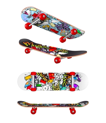 Trendy skateboard patterns realistic set with top bottom side board views outdoor skate gear isolated vector illustration