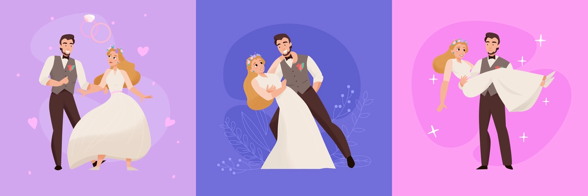 Wedding day marriage ceremony concept 3 pink violet background flat compositions with happy newlywed couple vector illustration