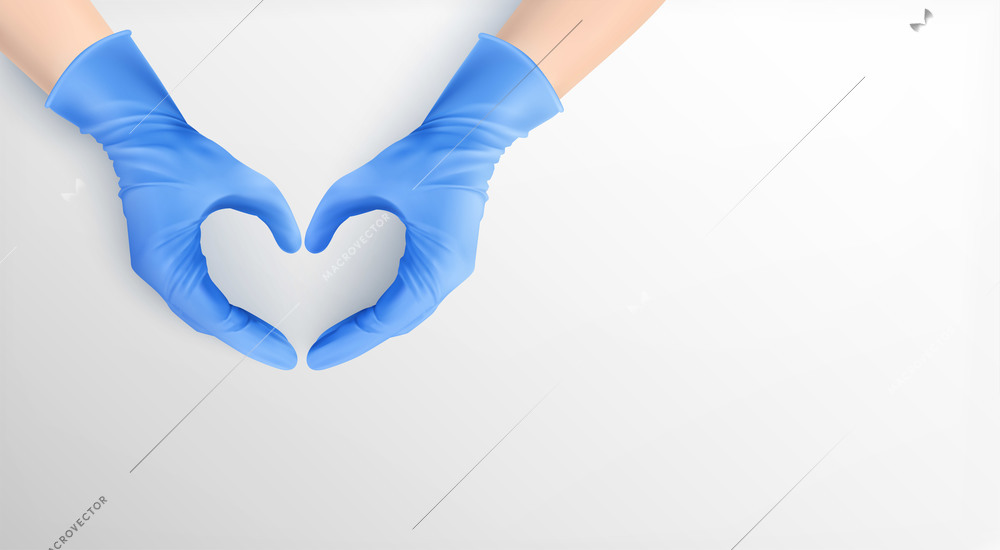 Hands in blue latex gloves with fingers folded in shape of heart realistic vector illustration