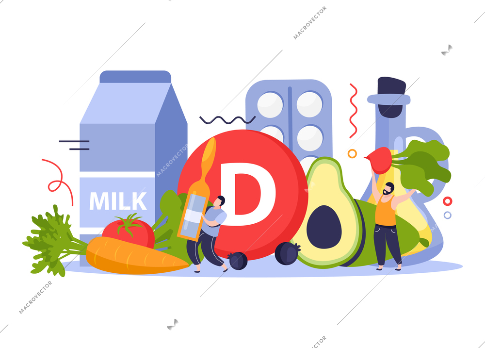 Vitamins in products concept design with pills milk and fruit flat vector illustration