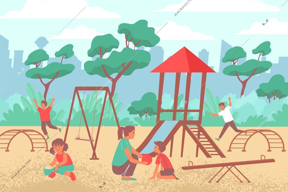 City playground flat composition of outdoor scenery with cityscape and play equipment with kids and mother vector illustration